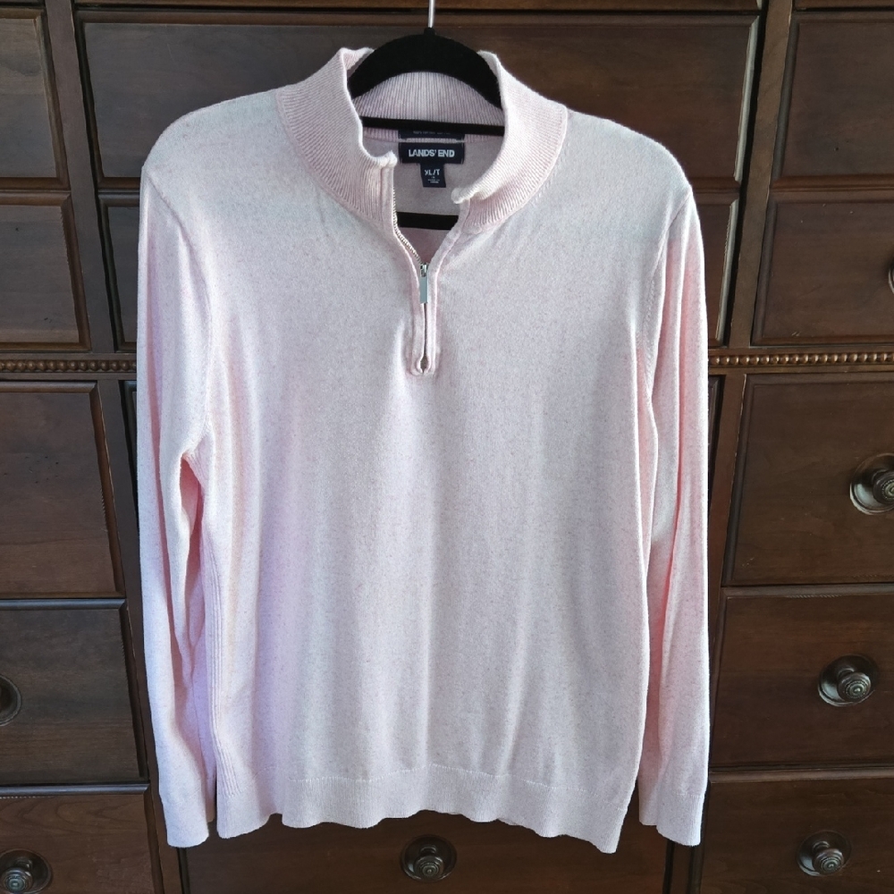Lands End Women's Heathered Pink Quarter Zip Pullover Sweater Size XL